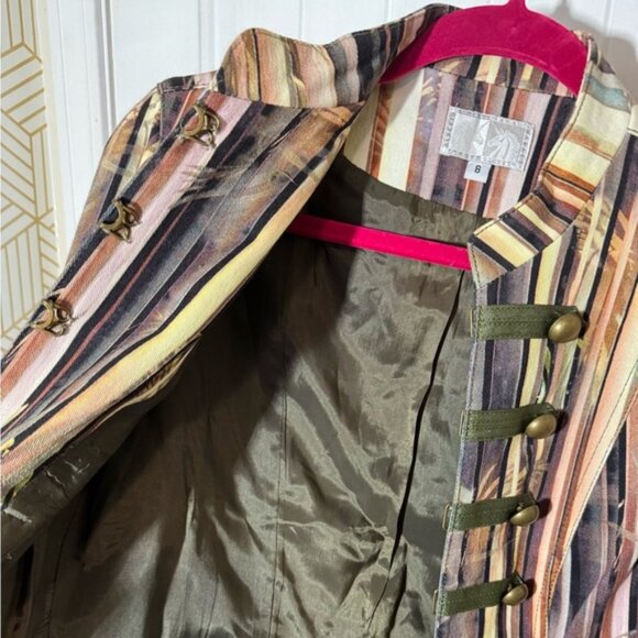 Alberto Makali- Green/Brown Bamboo Pattern-Hook Closure-Cropped Blazer Jacket - Picture 5 of 15